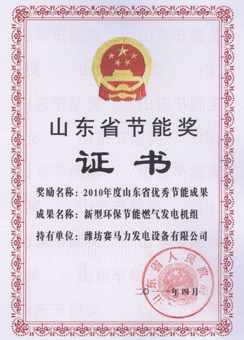 Shandong Province Energy Saving Award Certificate